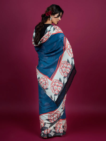 Blue Floral Printed Pure Cotton Saree for Women