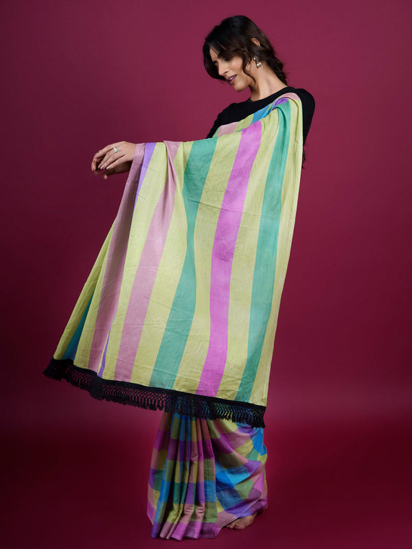 Purple Checked Woven Cotton Saree for Women