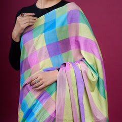 Purple Checked Woven Cotton Saree for Women
