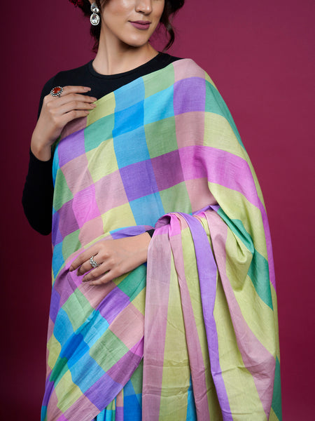 Purple Checked Woven Cotton Saree for Women