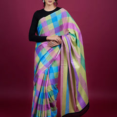 Purple Checked Woven Cotton Saree for Women