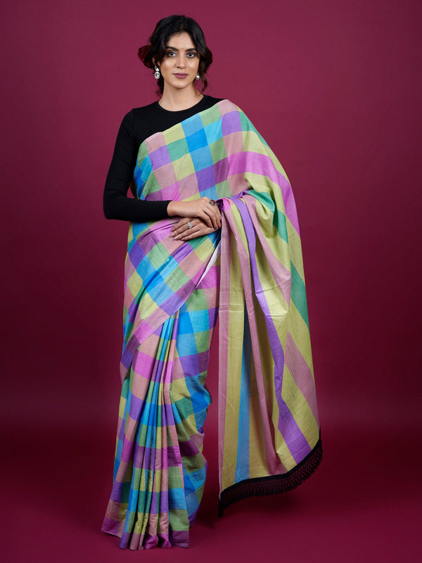 Purple Checked Woven Cotton Saree for Women