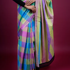 Purple Checked Woven Cotton Saree for Women