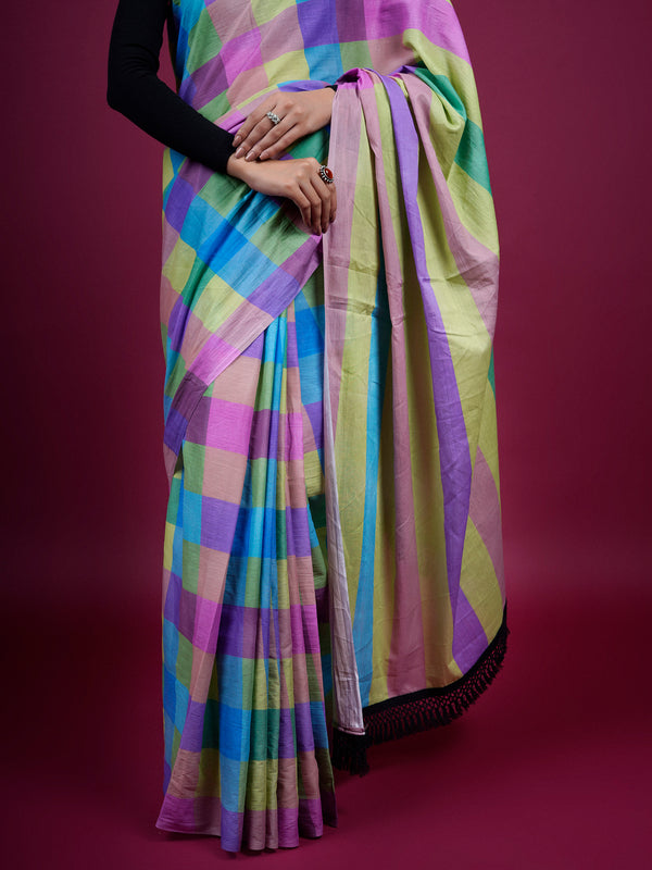 Purple Checked Woven Cotton Saree for Women