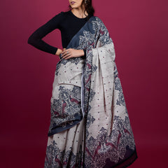Grey Ethnic Motifs Printed Pure Cotton Saree for Women