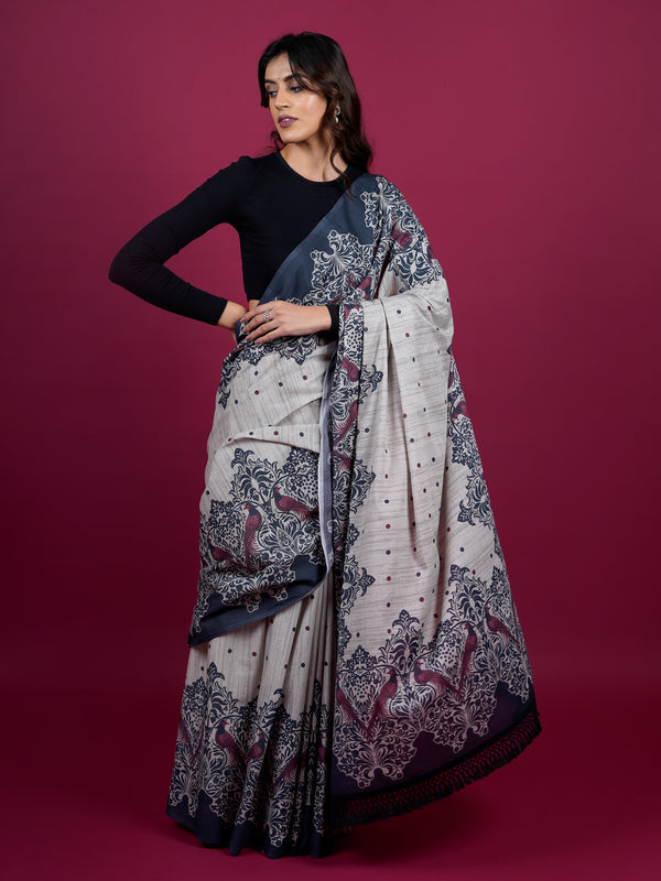 Grey Ethnic Motifs Printed Pure Cotton Saree for Women