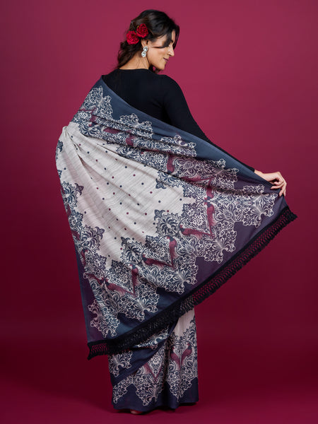 Grey Ethnic Motifs Printed Pure Cotton Saree for Women