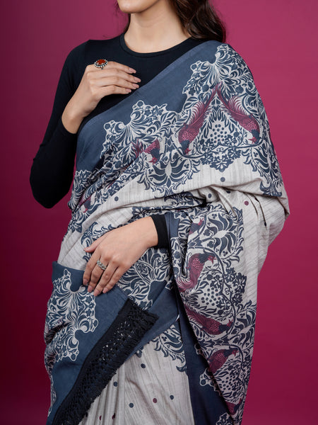 Grey Ethnic Motifs Printed Pure Cotton Saree for Women