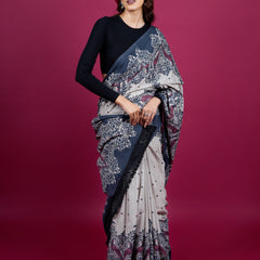 Grey Ethnic Motifs Printed Pure Cotton Saree for Women