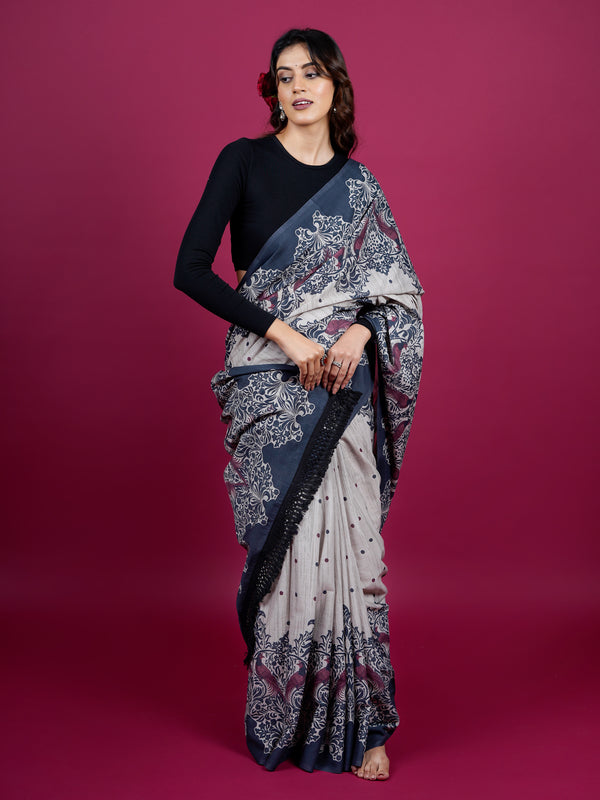 Grey Ethnic Motifs Printed Pure Cotton Saree for Women