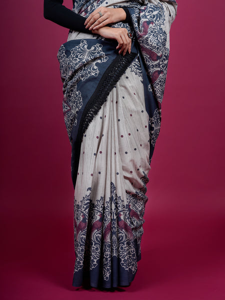 Grey Ethnic Motifs Printed Pure Cotton Saree for Women