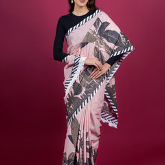 Light Pink Floral Printed Cotton Saree for Women