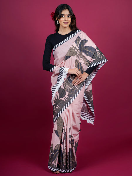 Light Pink Floral Printed Cotton Saree for Women