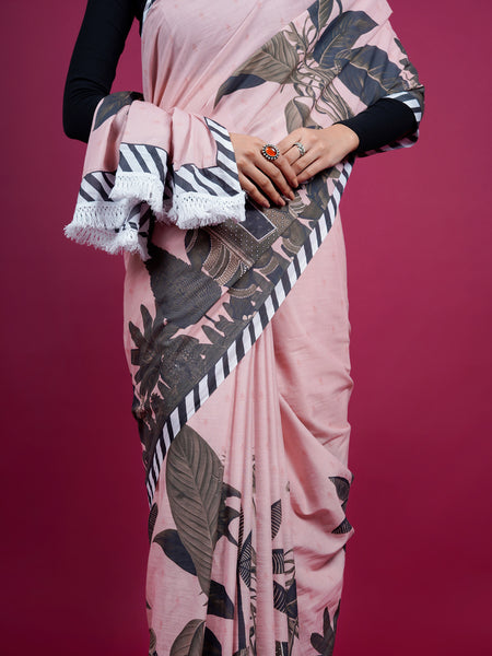 Light Pink Floral Printed Cotton Saree for Women