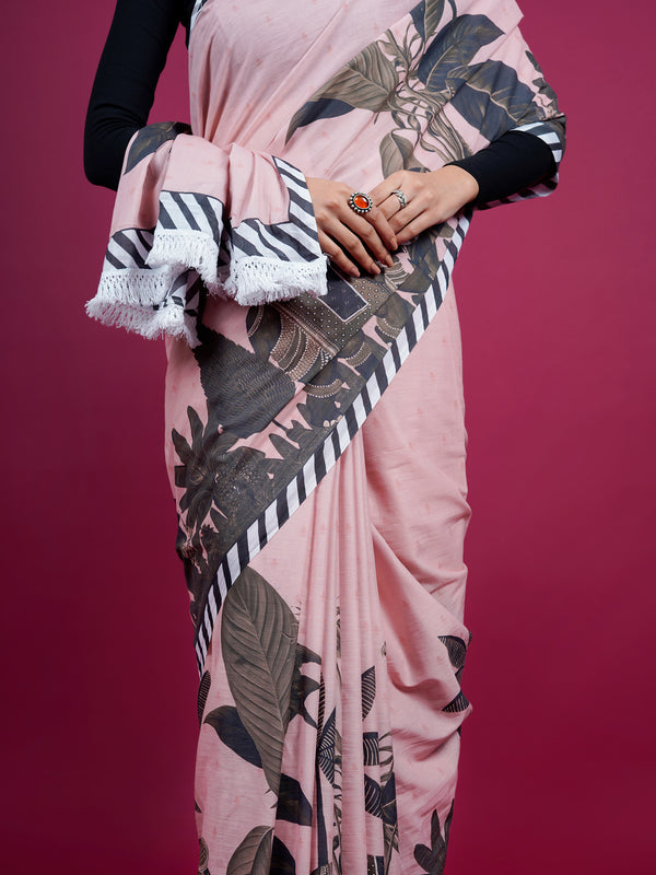 Light Pink Floral Printed Cotton Saree for Women