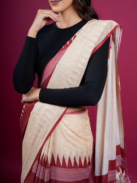 Beige Printed Pure Cotton Saree for Women