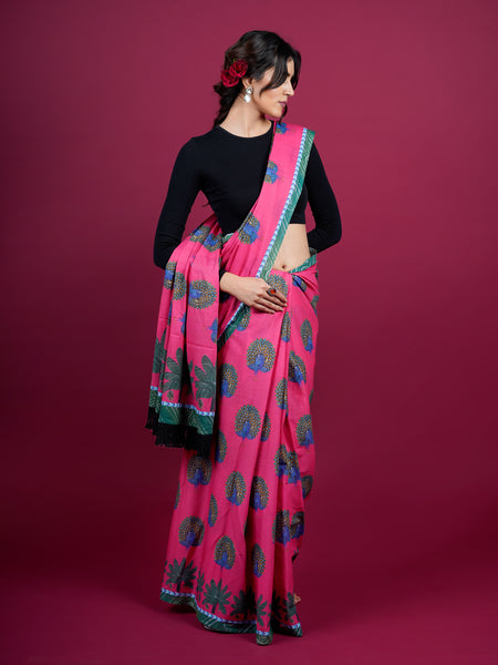 Pink Floral Printed Pure Cotton Saree for Women