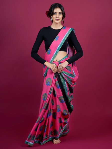 Pink Floral Printed Pure Cotton Saree for Women