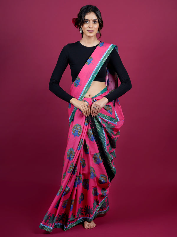Pink Floral Printed Pure Cotton Saree for Women