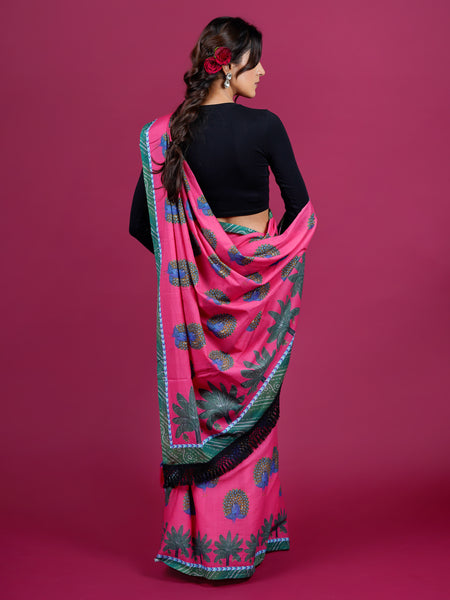 Pink Floral Printed Pure Cotton Saree for Women