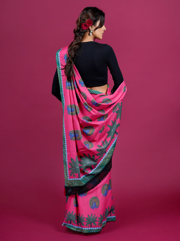 Pink Floral Printed Pure Cotton Saree for Women