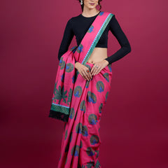 Pink Floral Printed Pure Cotton Saree for Women