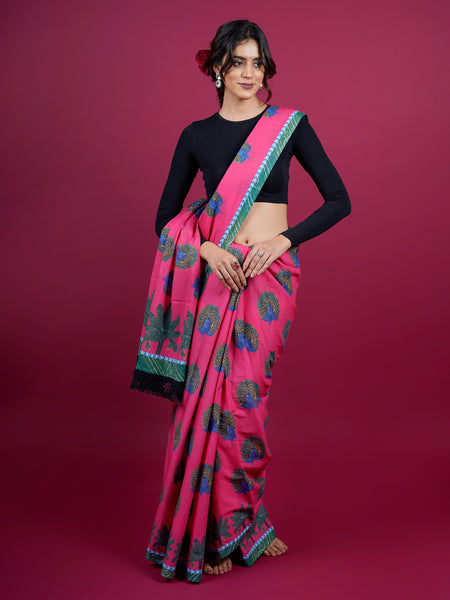 Pink Floral Printed Pure Cotton Saree for Women