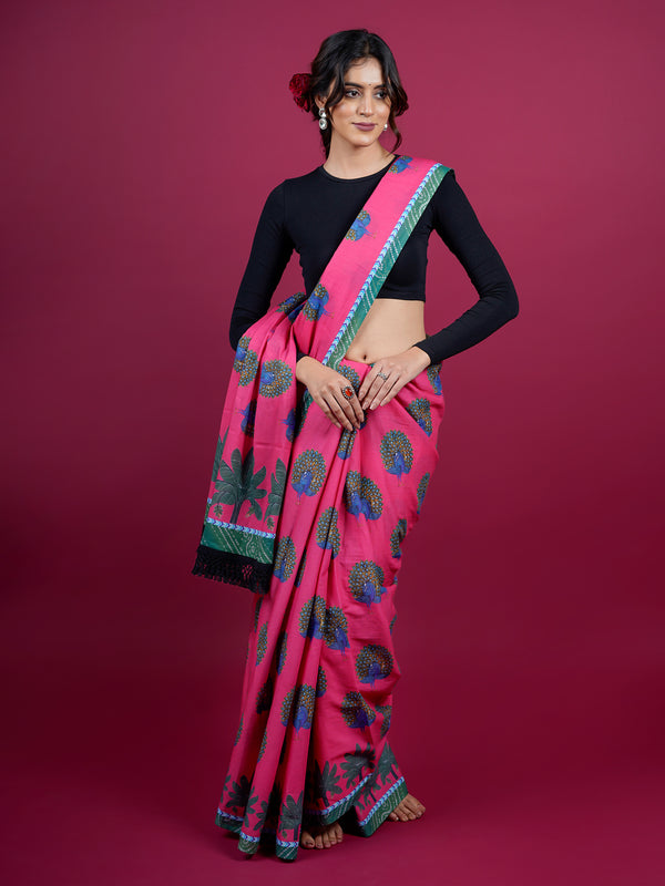 Pink Floral Printed Pure Cotton Saree for Women