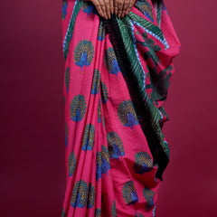 Pink Floral Printed Pure Cotton Saree for Women