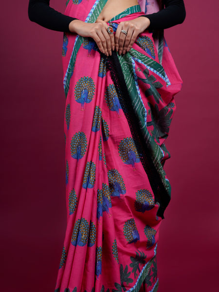 Pink Floral Printed Pure Cotton Saree for Women