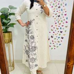 A-line Embroidary Work Off-White Cotton Slub Co-ord Set