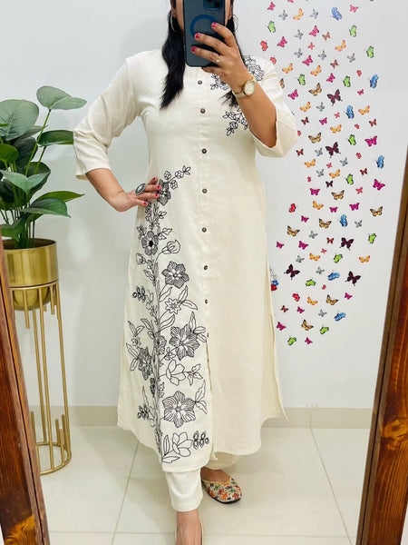 A-line Embroidary Work Off-White Cotton Slub Co-ord Set