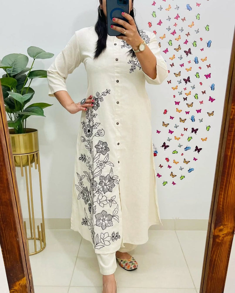A-line Embroidary Work Off-White Cotton Slub Co-ord Set