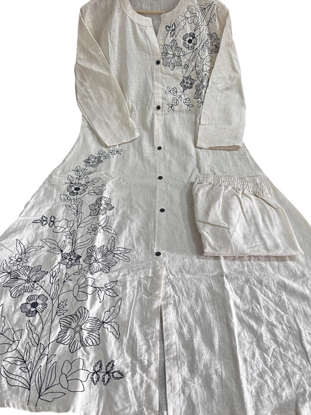 A-line Embroidary Work Off-White Cotton Slub Co-ord Set