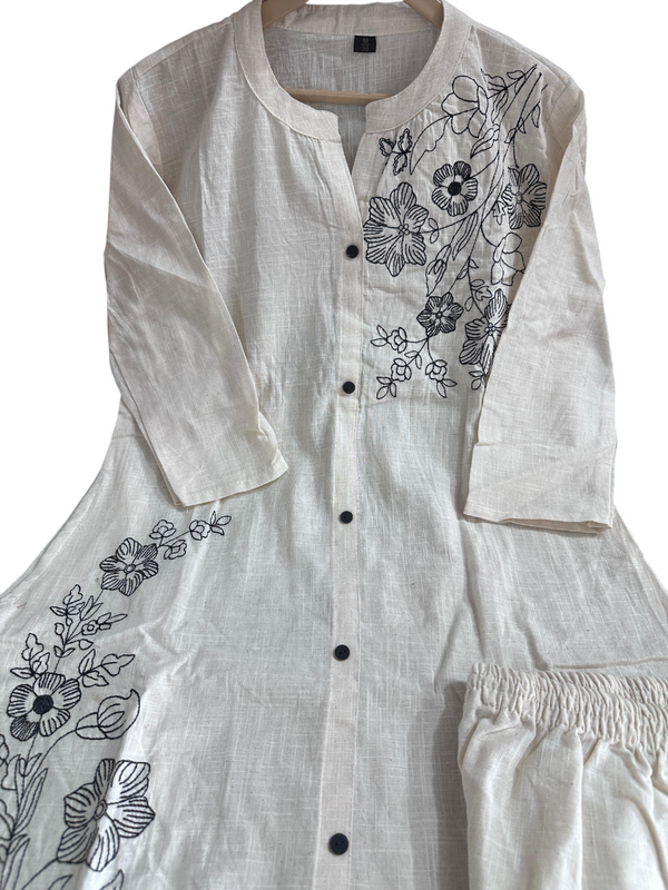 A-line Embroidary Work Off-White Cotton Slub Co-ord Set
