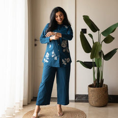 Embroidery Work Cotton Flex Teal Blue Co_ord Set