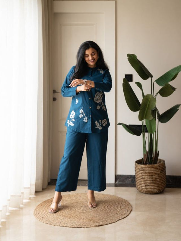 Embroidery Work Cotton Flex Teal Blue Co_ord Set