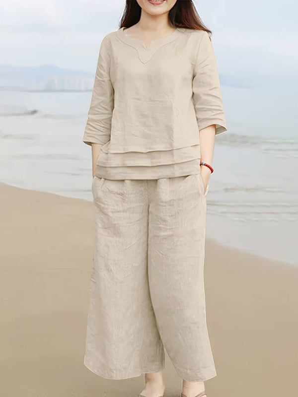 Beige Cotton Slub Co-ord Set