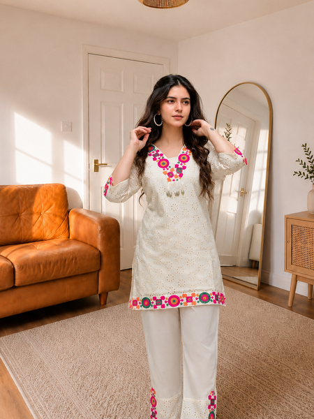 Cotton Schiffli Embroidered Co-ord Set