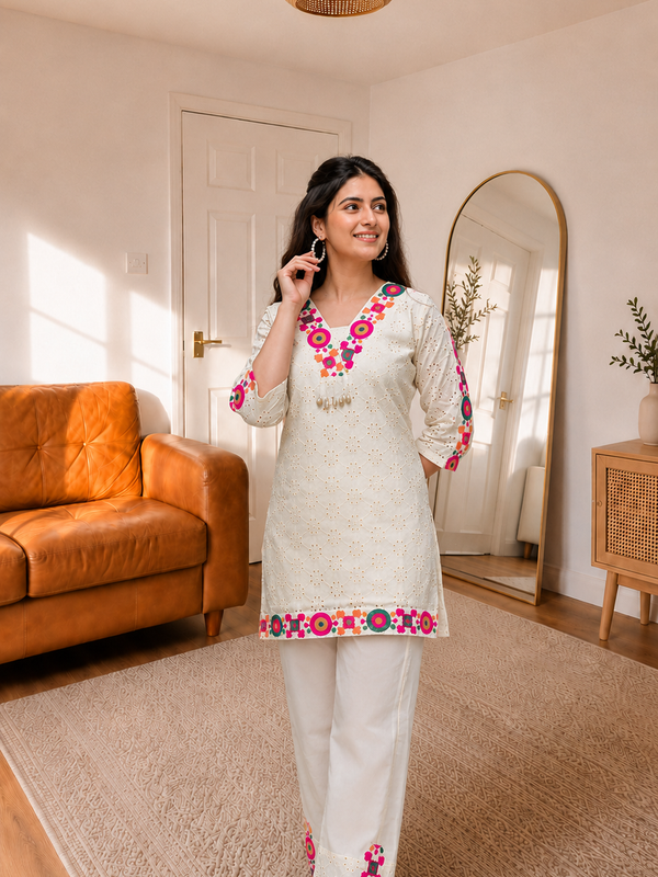 Cotton Schiffli Embroidered Co-ord Set