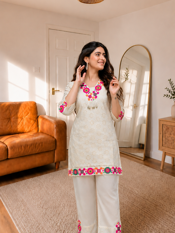 Cotton Schiffli Embroidered Co-ord Set