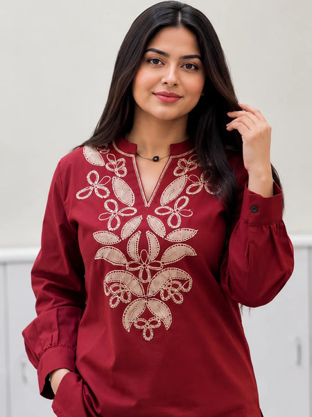Embroidery Work Maroon Top Pant Set