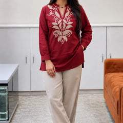 Embroidery Work Maroon Top Pant Set