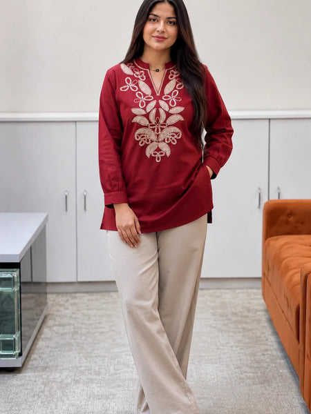 Embroidery Work Maroon Top Pant Set