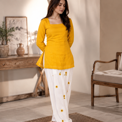 Embriodery Work Yellow Cotton Farshi Salwar Set