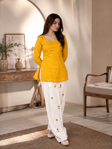 Embriodery Work Yellow Cotton Farshi Salwar Set