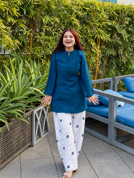 Embriodery Work Teal Blue Cotton Farshi Salwar Set