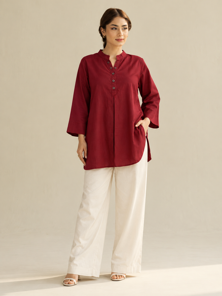 Maroon Color Cotton Kurti Pant Set