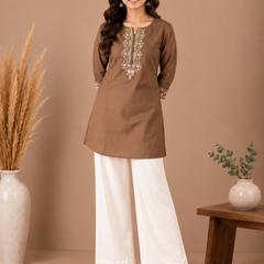 Embroidery Work Brown Cotton Top Set