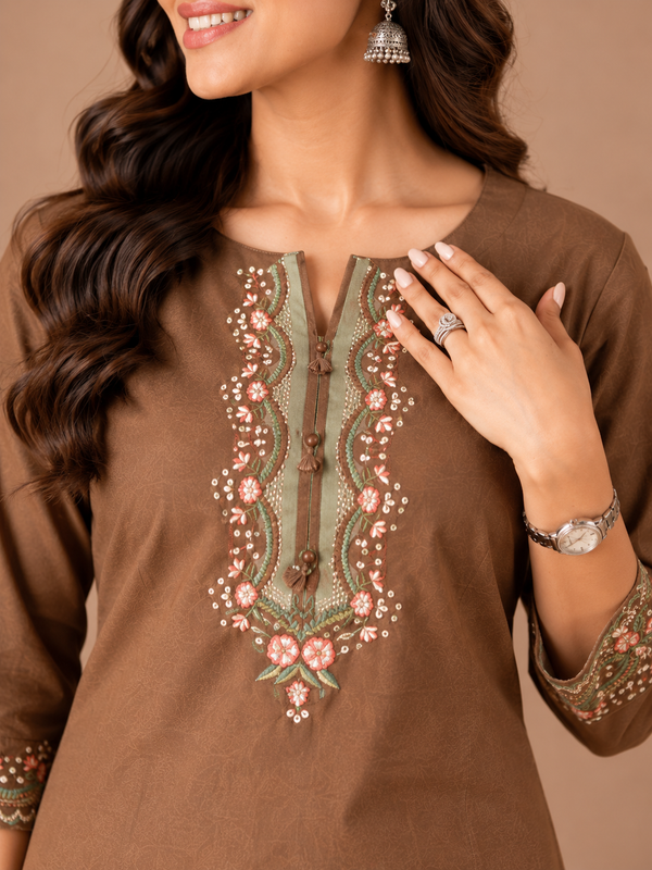 Embroidery Work Brown Cotton Top Set